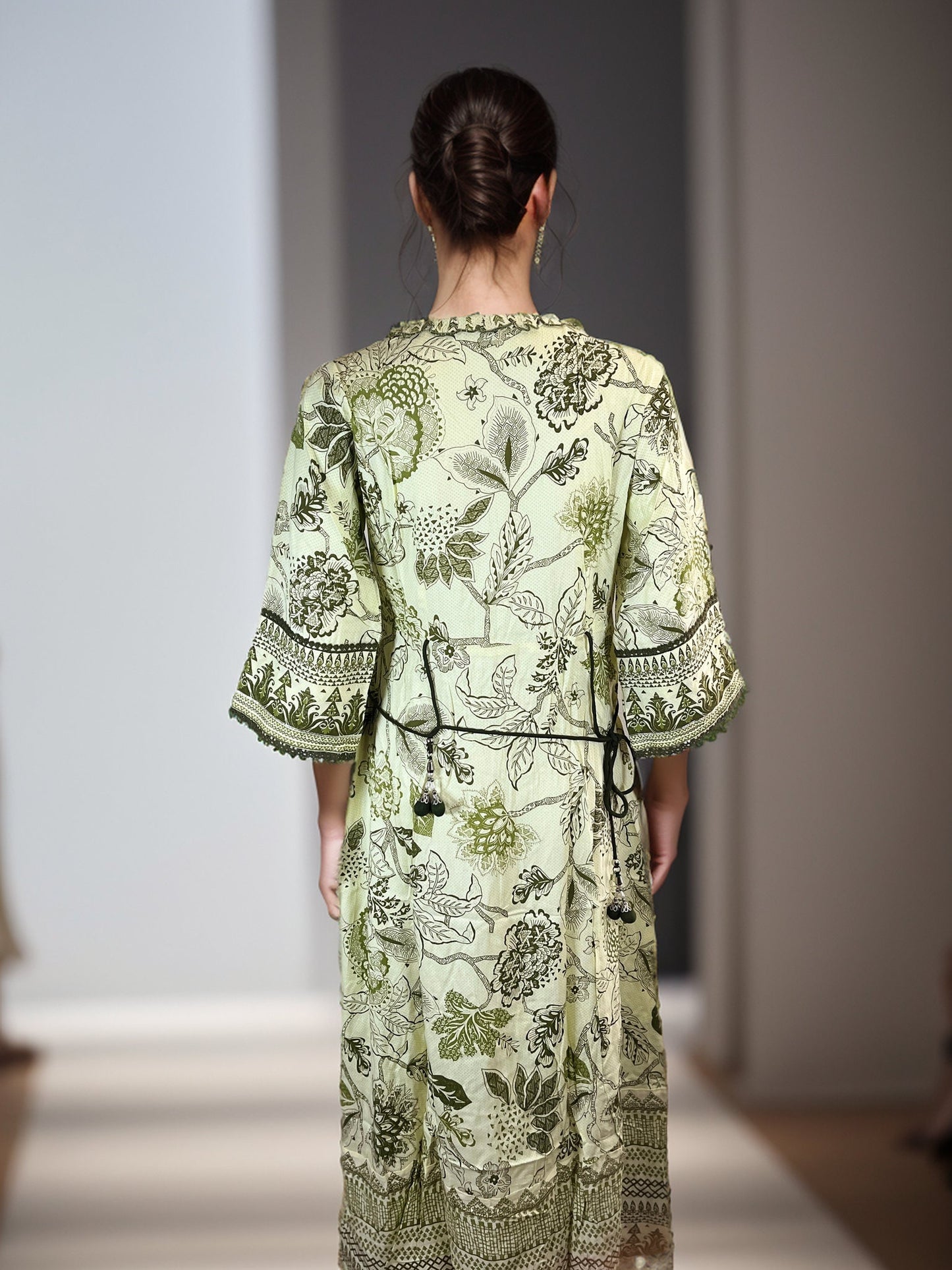 Green Floral Rayon Maxi Dress with Belt