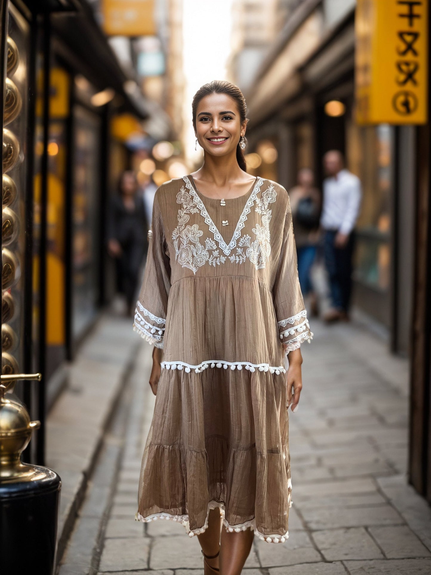 Brown Tunic with White Embroidery and Lace