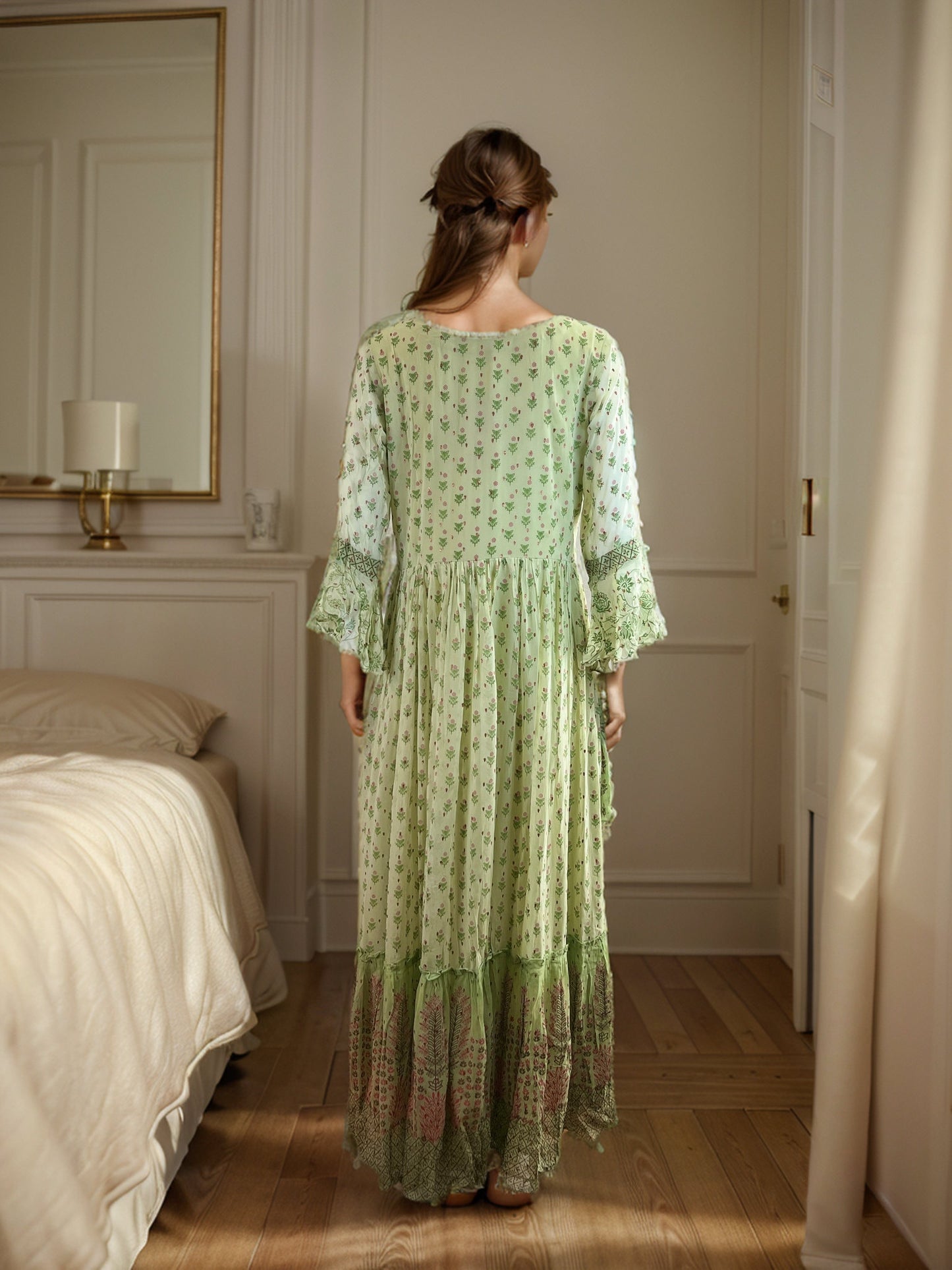 Floral Printed Layered Georgette Maxi Dress with Bell Sleeves