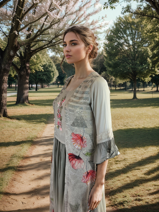 Alluring Floral dual toned Crepe Maxi Dress with Bell sleeves and Embroidery