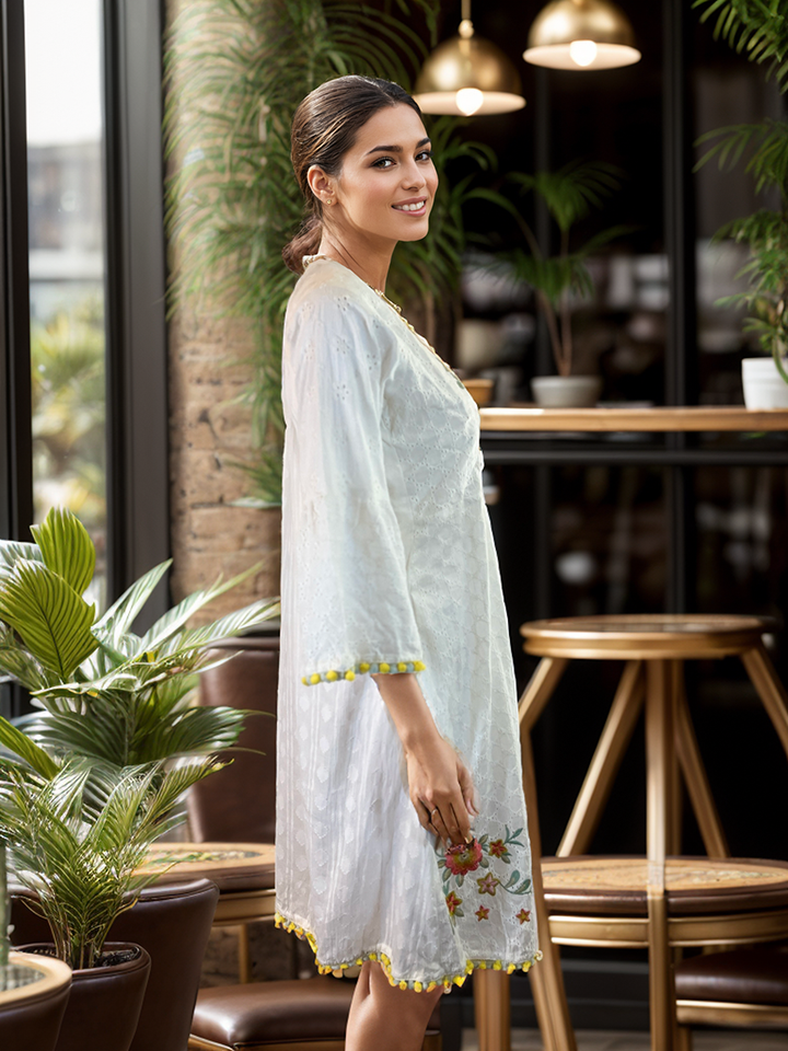 Adorable Floral embroidered cotton dress with bell sleeves