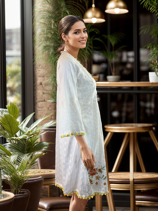 Adorable Floral embroidered cotton dress with bell sleeves