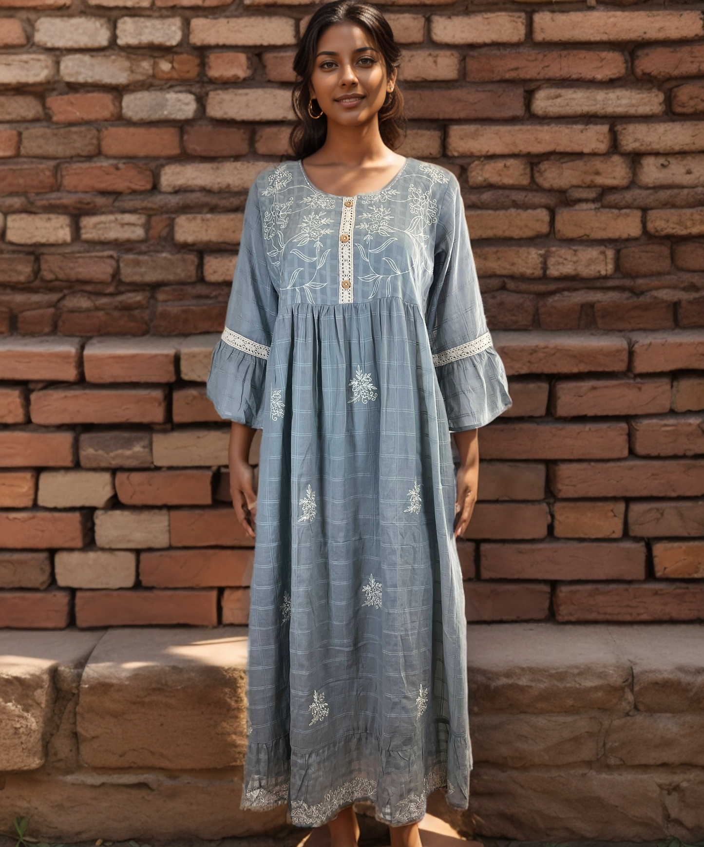 Gray Cotton Floral Embroidered Bell Sleeves Maxi Dress