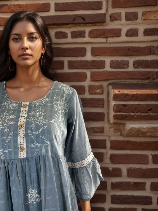 Gray Cotton Floral Embroidered Bell Sleeves Maxi Dress