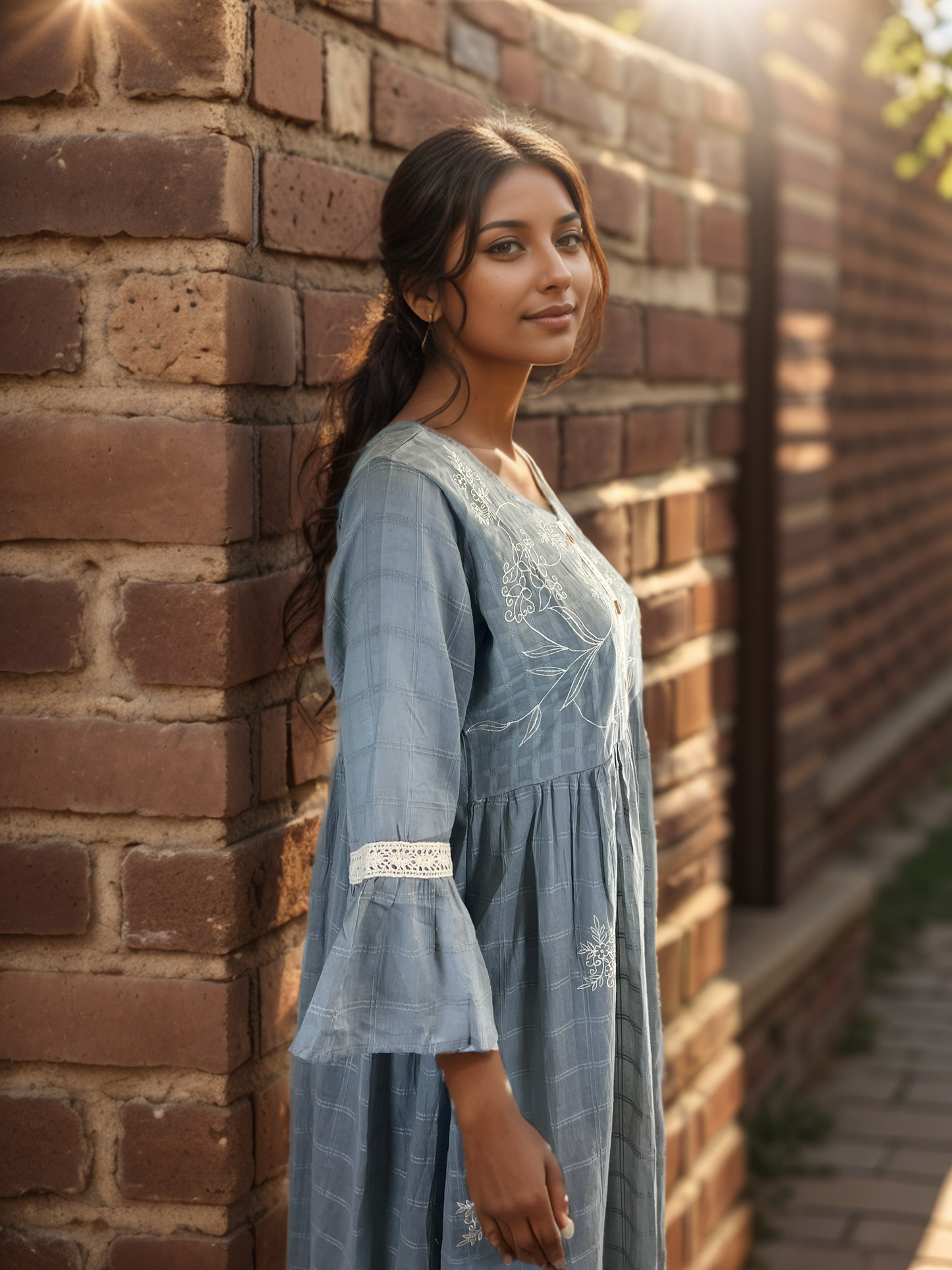 Gray Cotton Floral Embroidered Bell Sleeves Maxi Dress