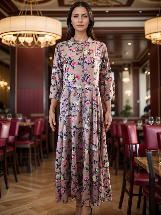 Flowery Printed Rayon Maxi Dress