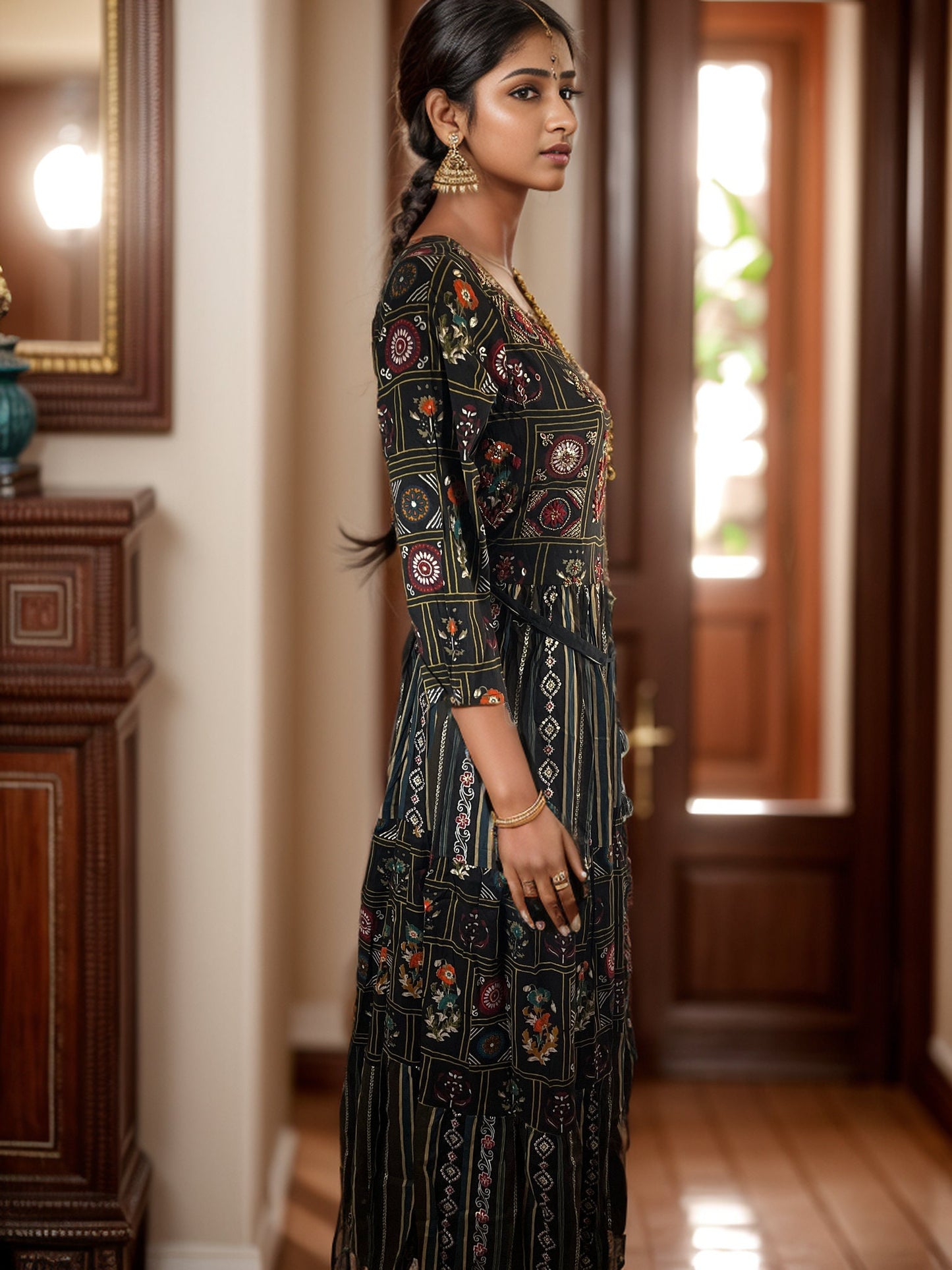 Beautiful Black Rayon midi dress with belt