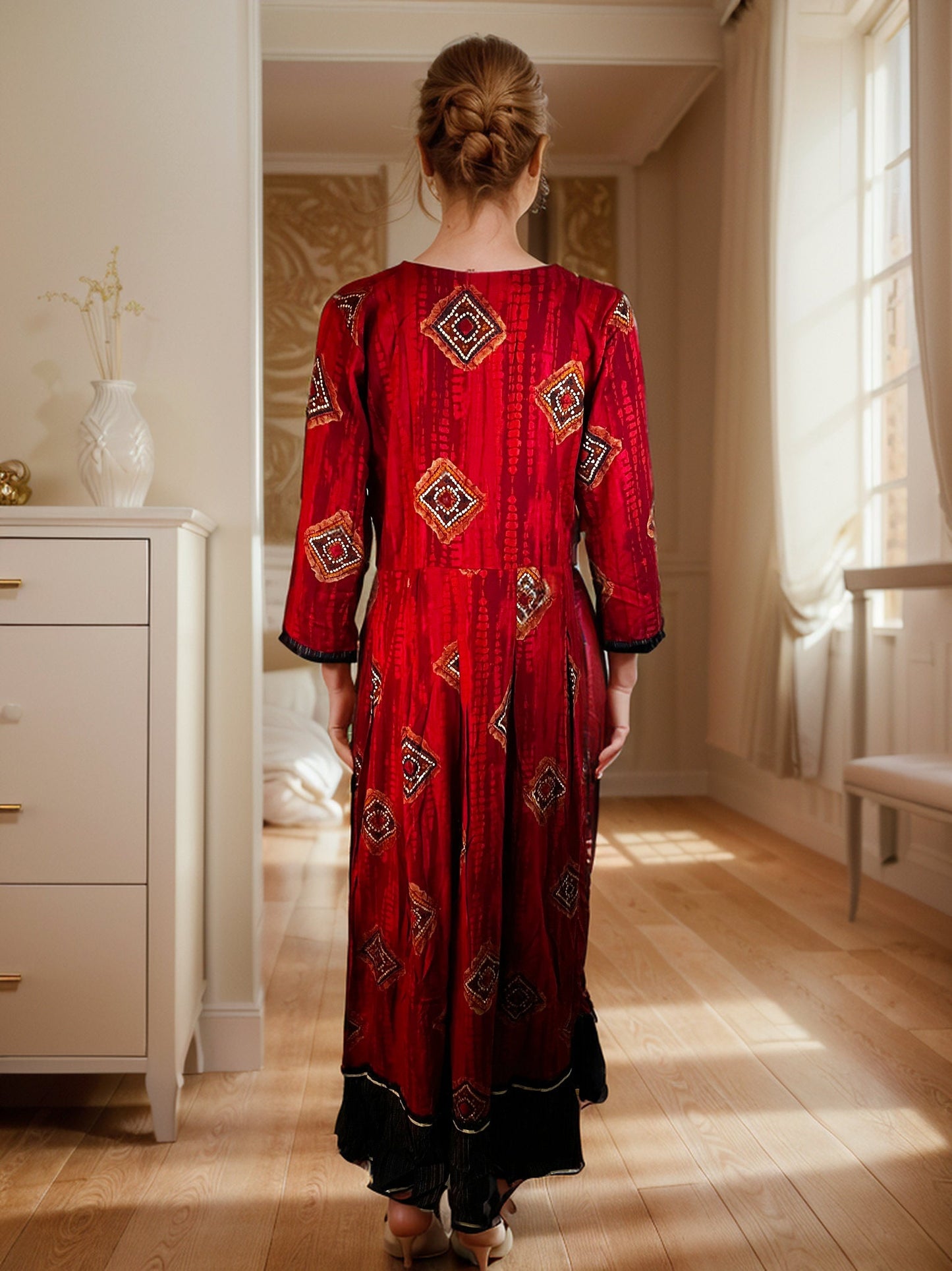 Geometric Printed Red Rayon Embroidered Maxi Dress