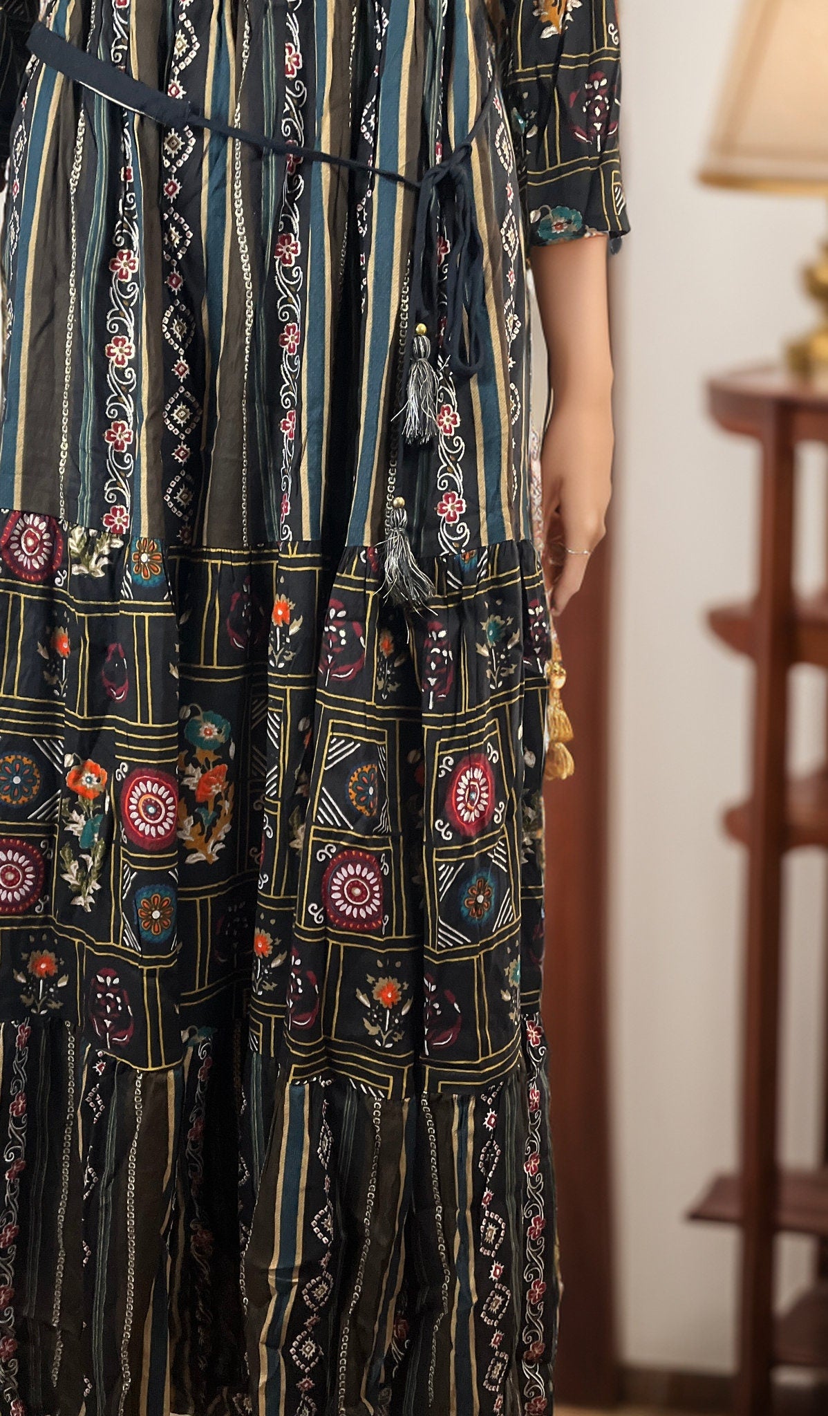 Beautiful Black Rayon midi dress with belt