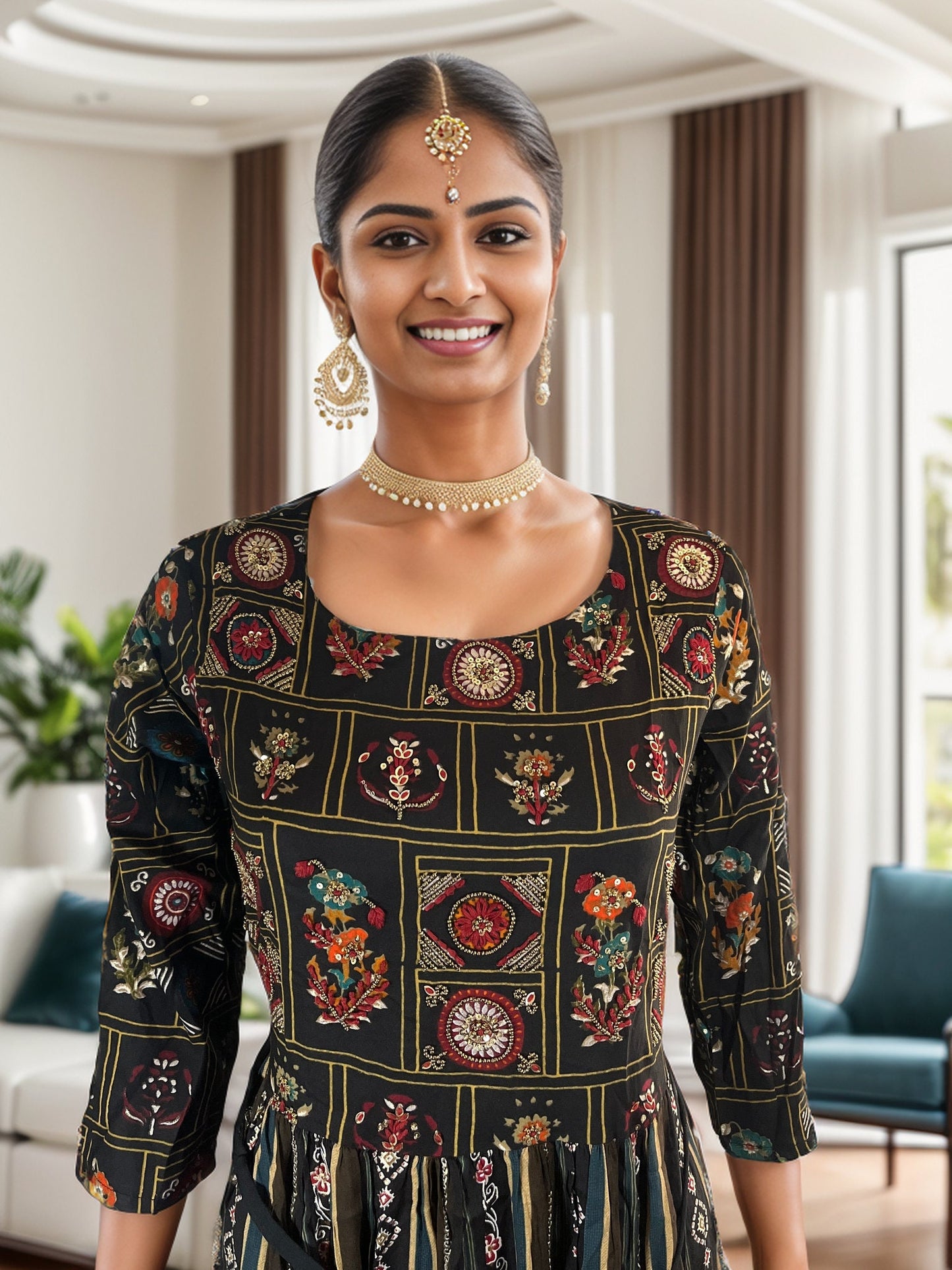 Beautiful Black Rayon midi dress with belt