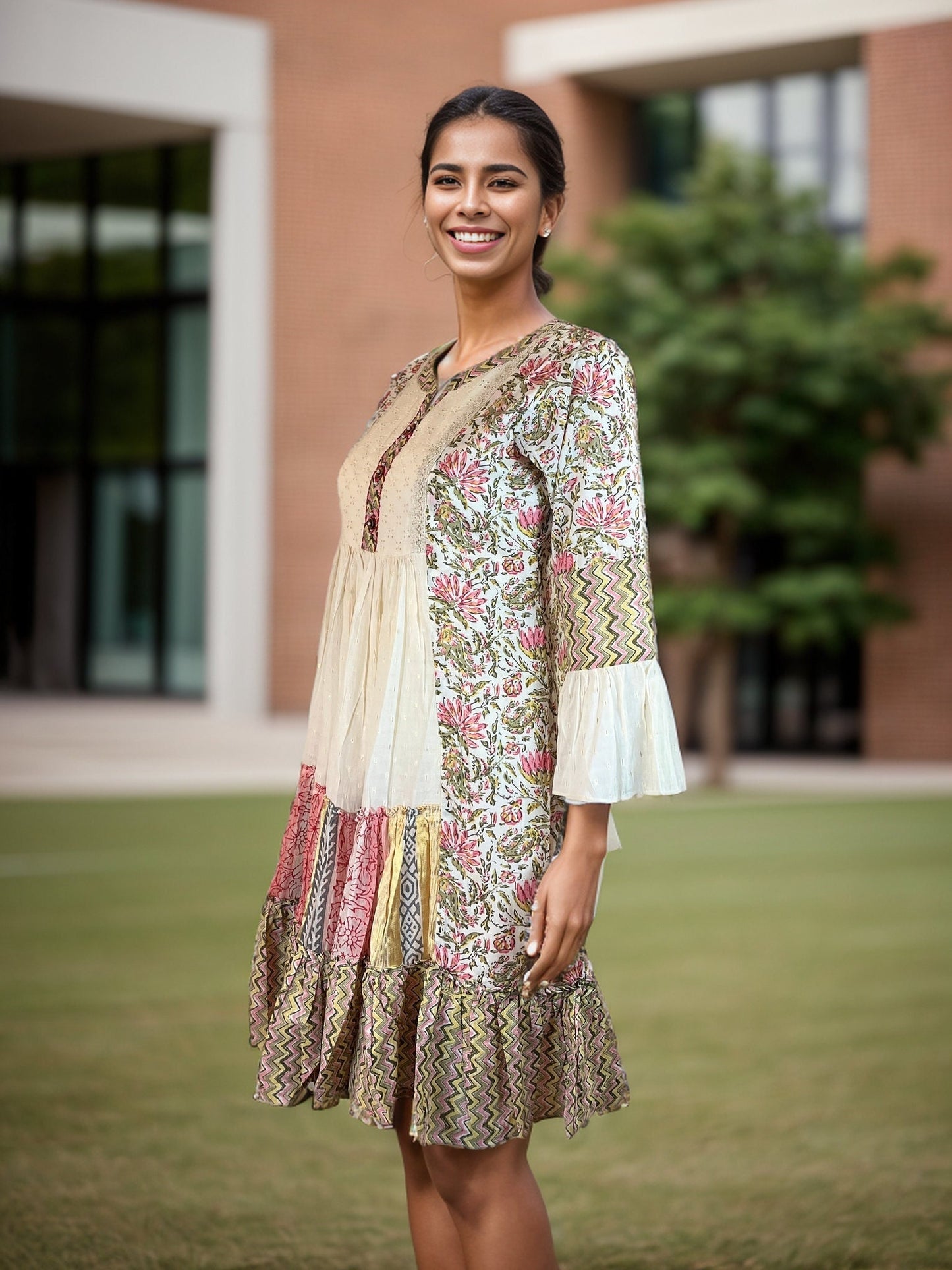 Exotic printed cotton dress with bell sleeves