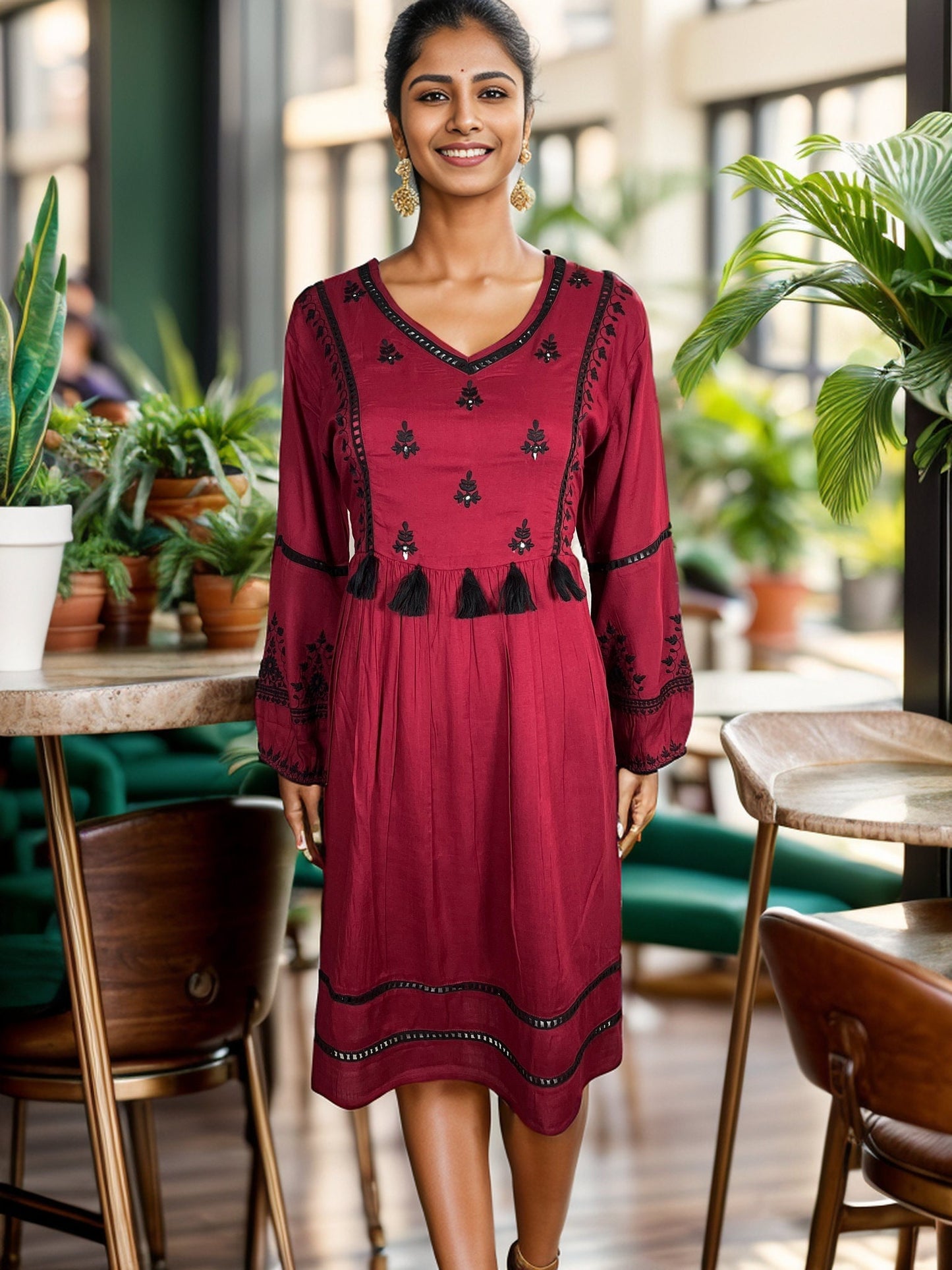 Embroidered puff sleeves A-line dress