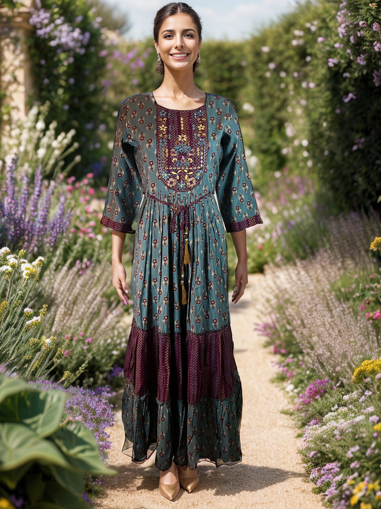 Rayon Floral Embroidered Maxi Dress