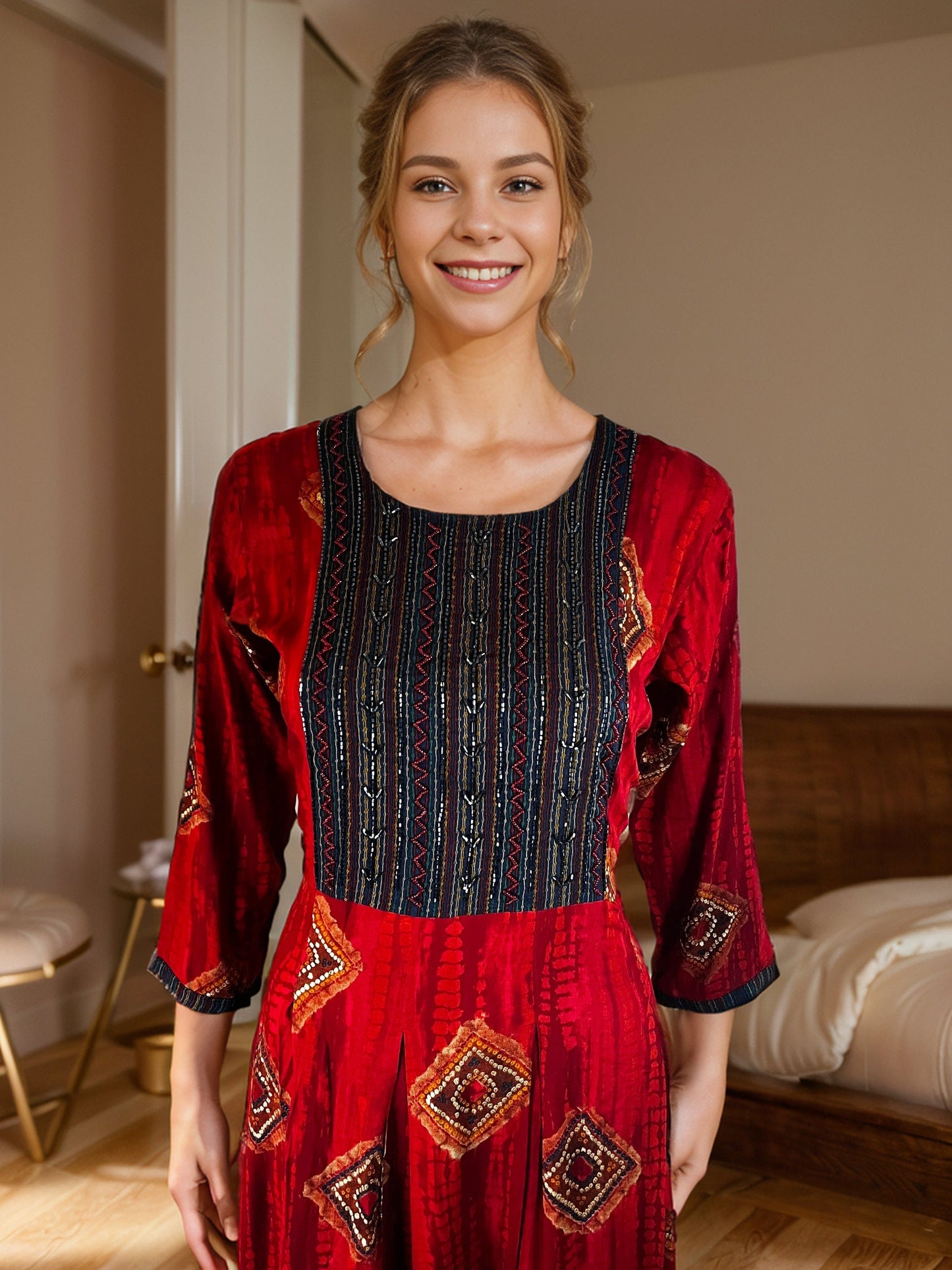 Geometric Printed Red Rayon Embroidered Maxi Dress