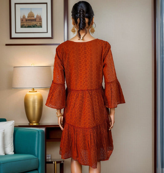 Beautiful Rust Color Schiffli dress with bell sleeves