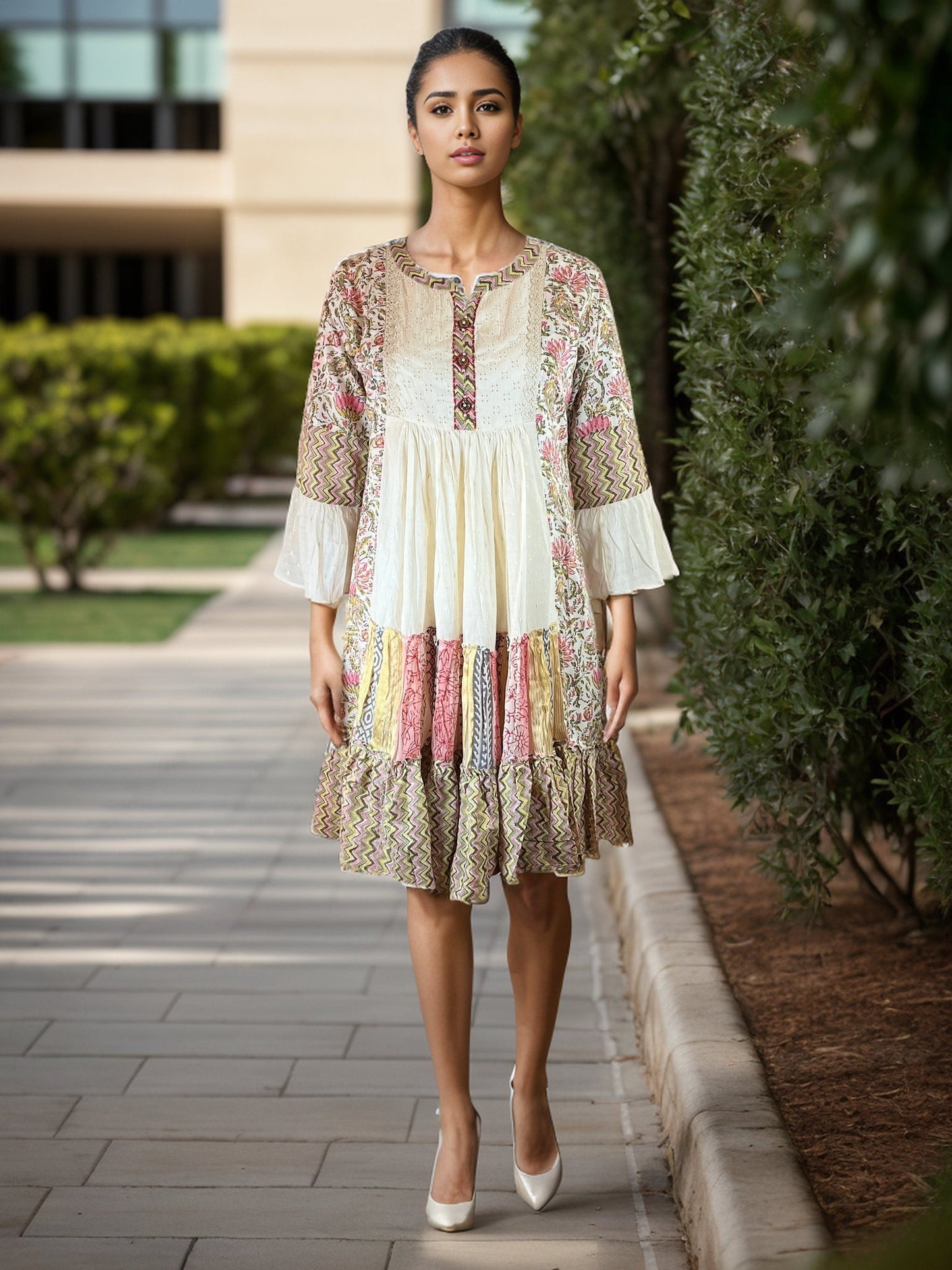 Exotic printed cotton dress with bell sleeves