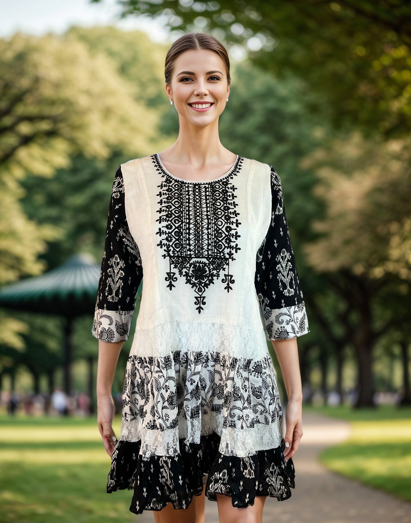 Black Geometric Embroidered Cotton Tunic