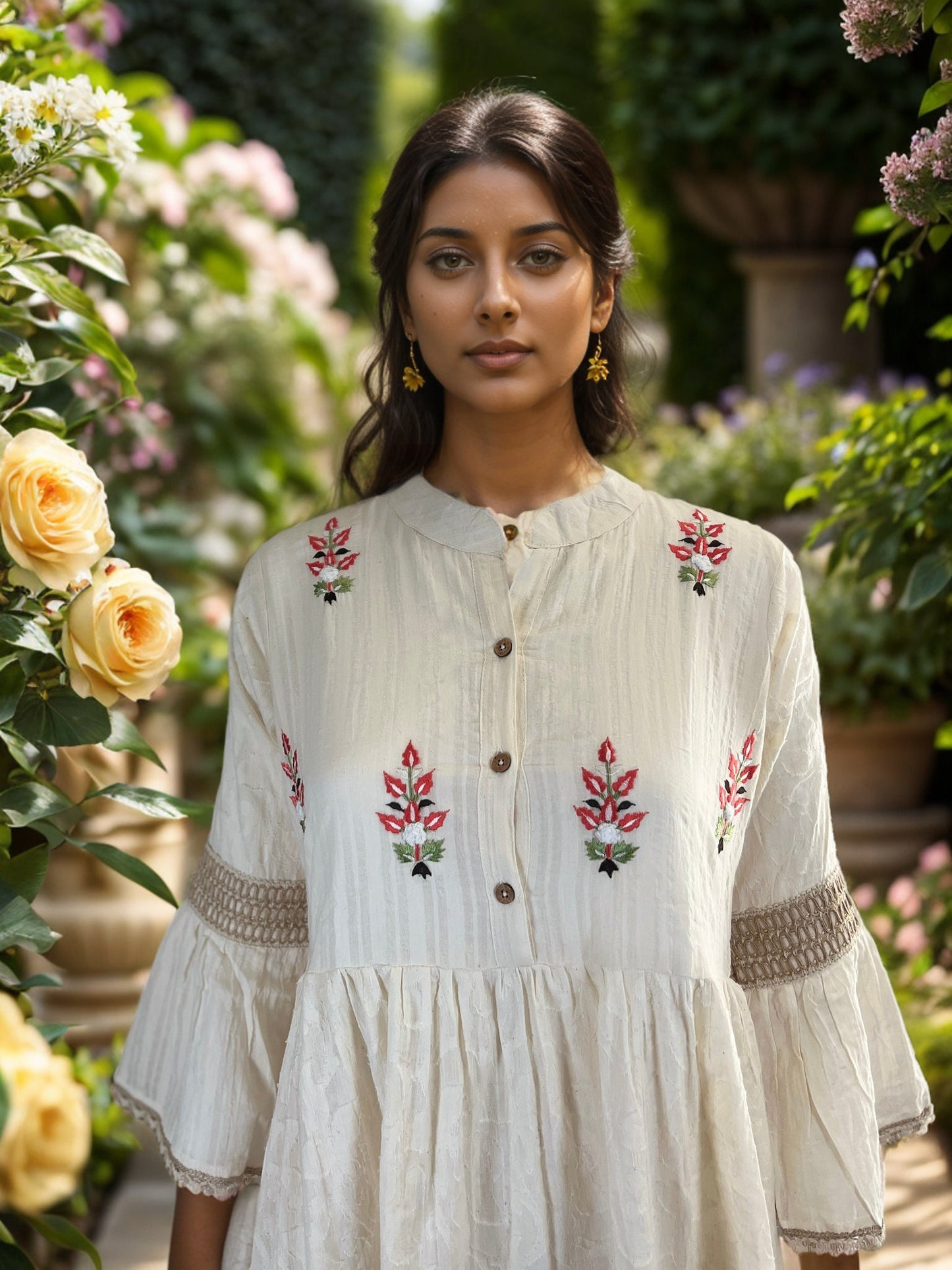 Cotton Bell Sleeves A-Line Dress with Floral Embroidery
