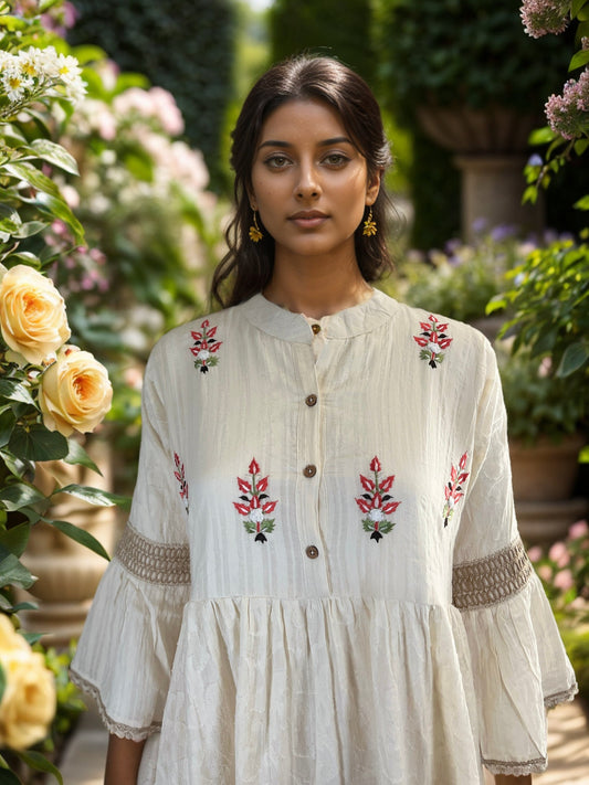 Cotton Bell Sleeves A-Line Dress with Floral Embroidery