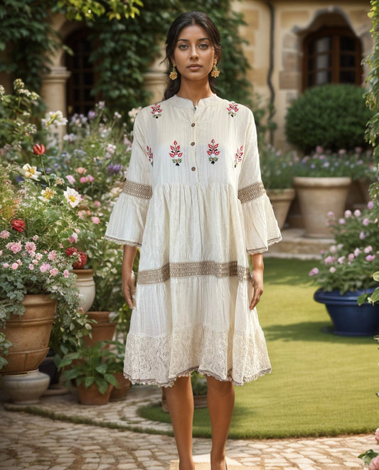 Cotton Bell Sleeves A-Line Dress with Floral Embroidery