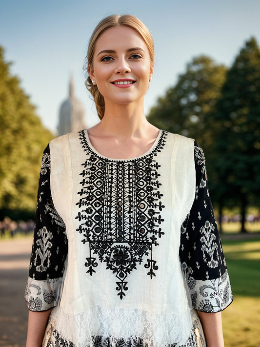 Black Geometric Embroidered Cotton Tunic
