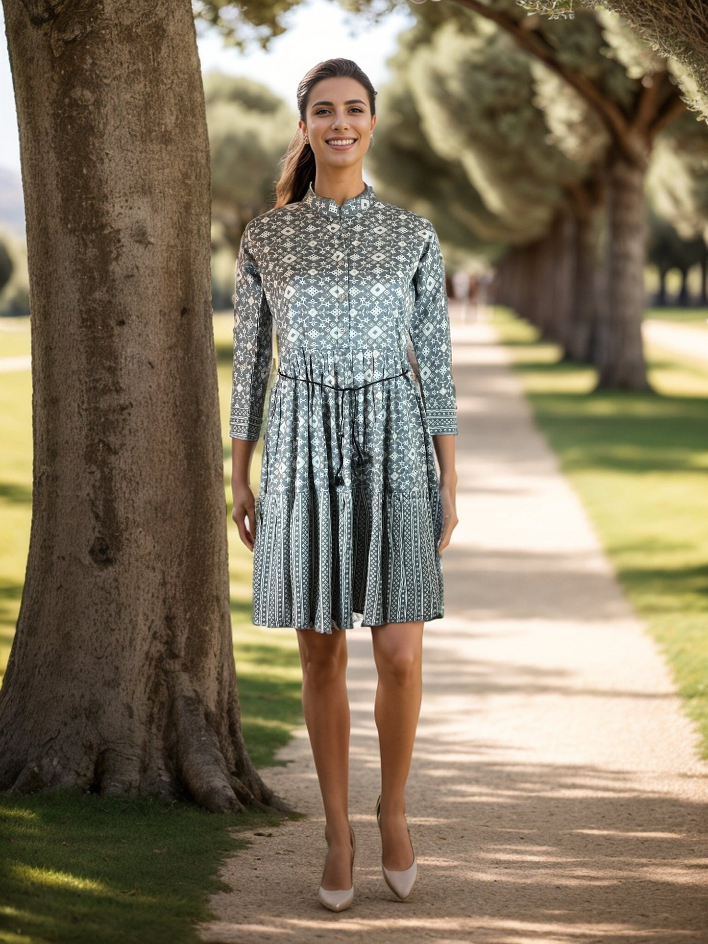 Printed gray rayon dress