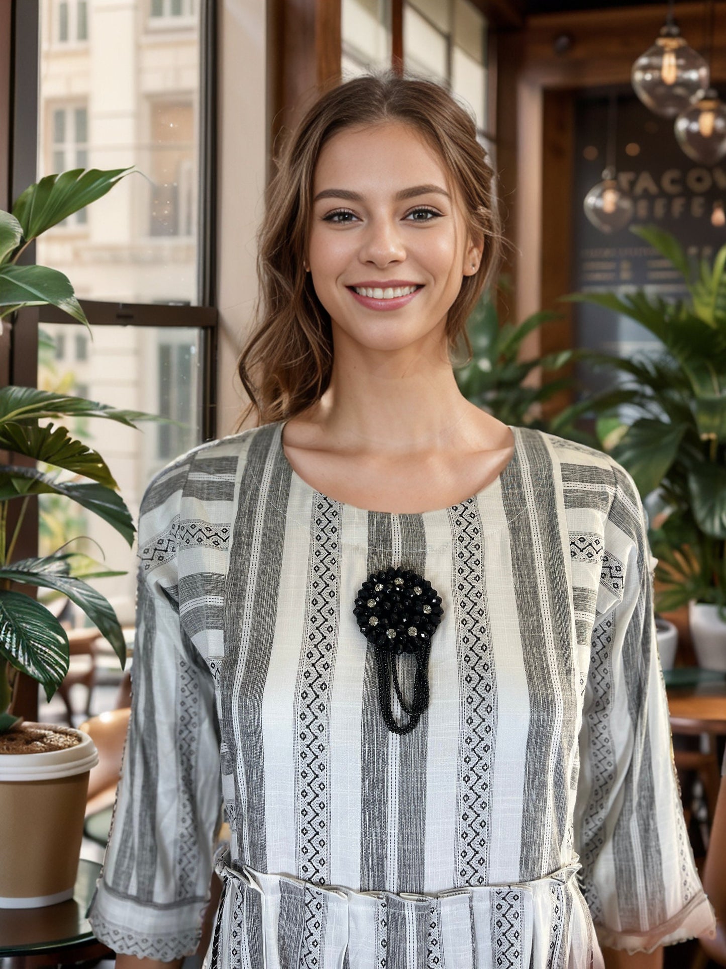 Elegant Gray and White Striped Cotton Maxi dress with 3/4th sleeves