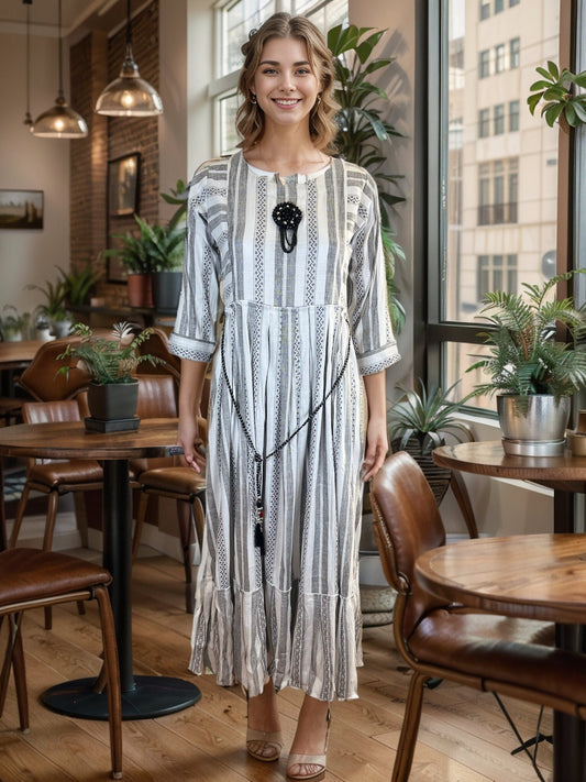 Elegant Gray and White Striped Cotton Maxi dress with 3/4th sleeves