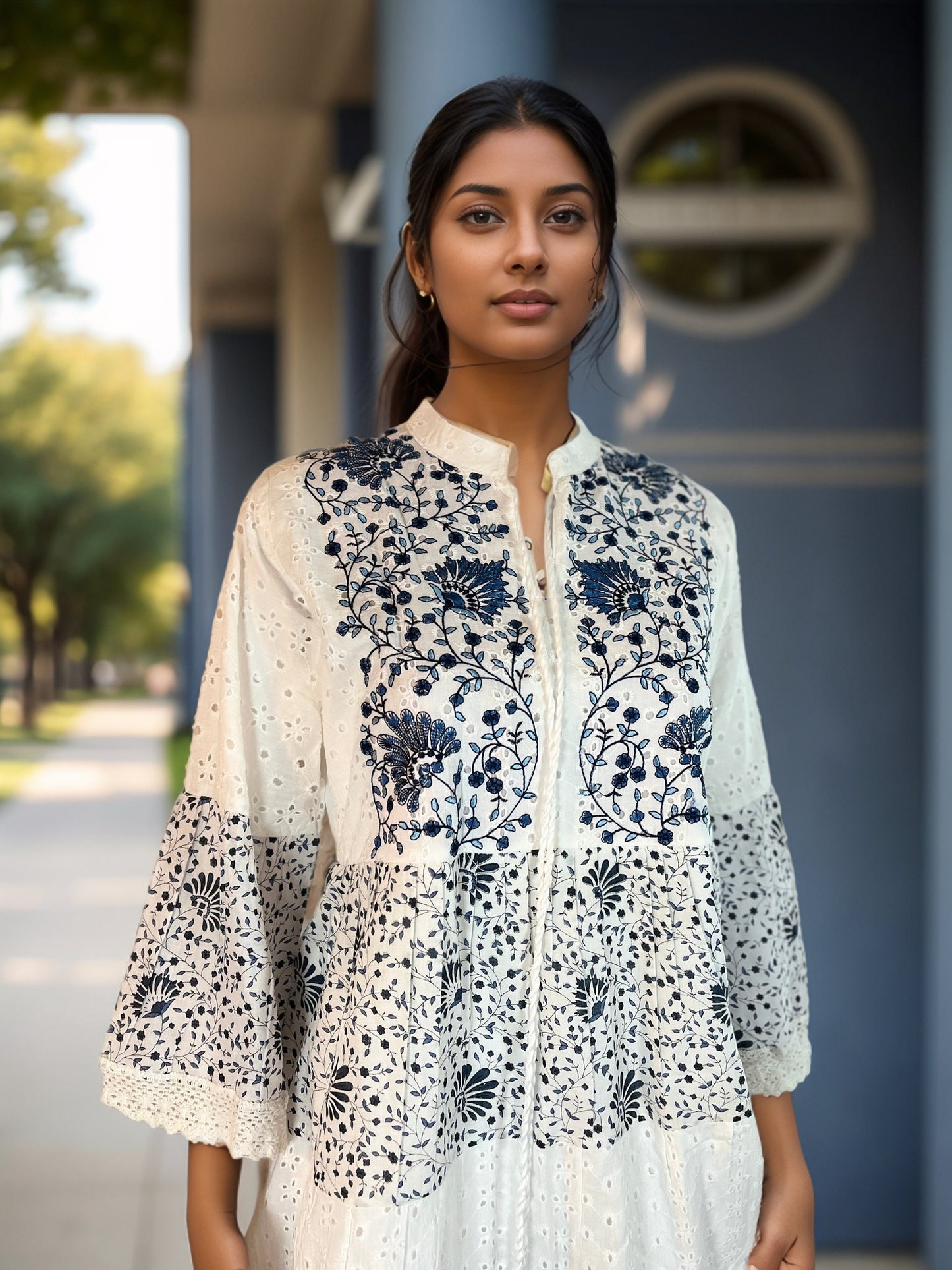 Floral Printed Cotton Dress with Lace, Schiffli detail and Bell Sleeves