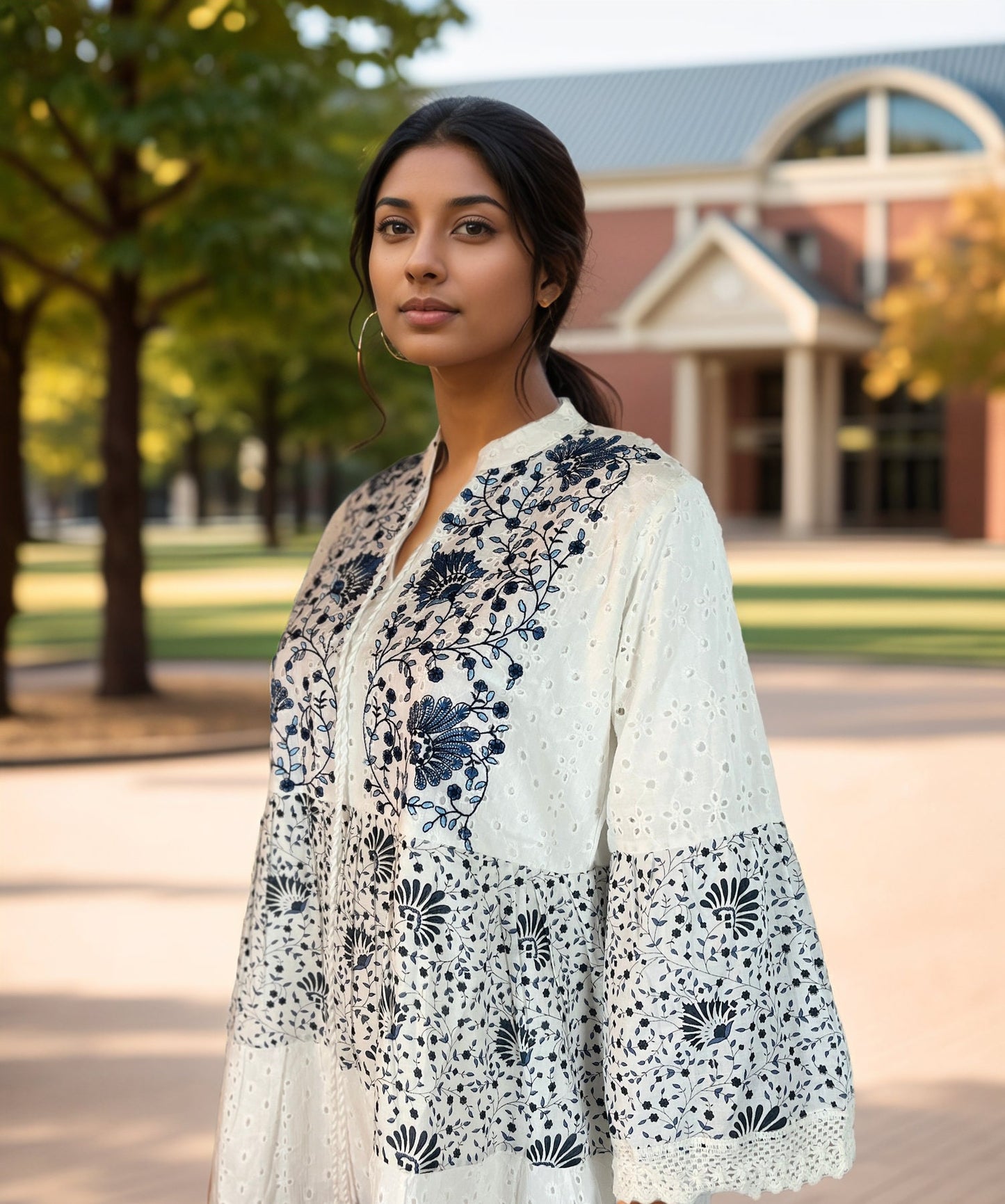 Floral Printed Cotton Dress with Lace, Schiffli detail and Bell Sleeves