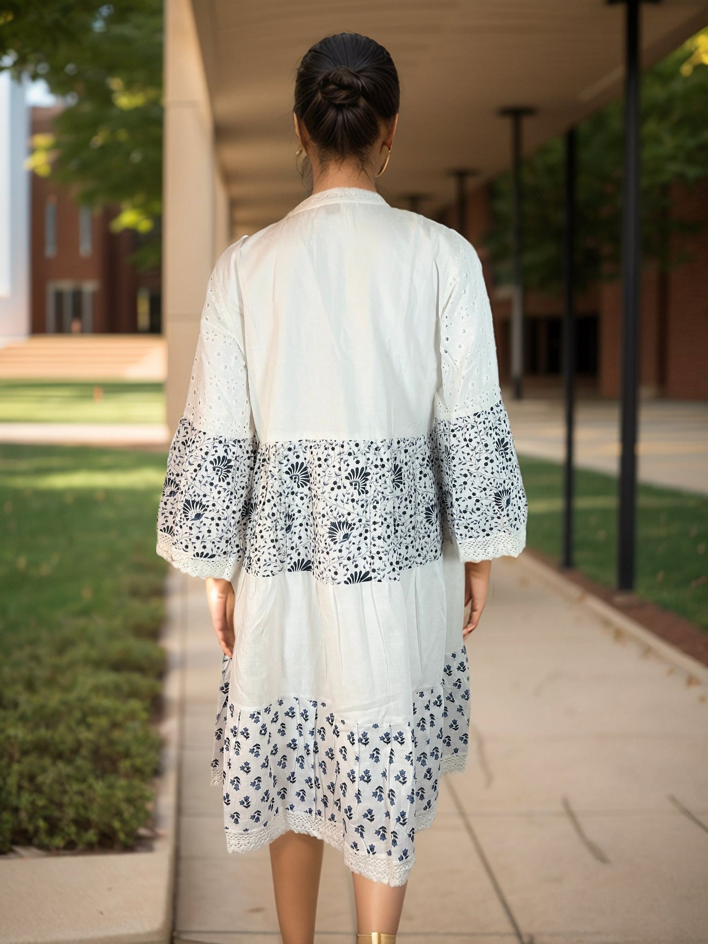 Floral Printed Cotton Dress with Lace, Schiffli detail and Bell Sleeves