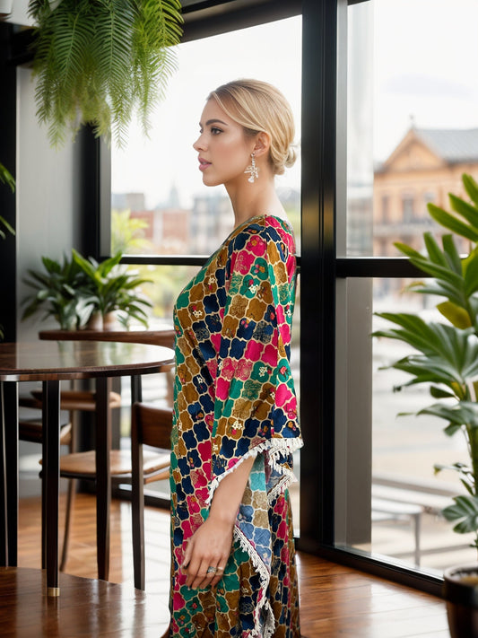 Multicolour printed Kaftan dress with Lace detailing