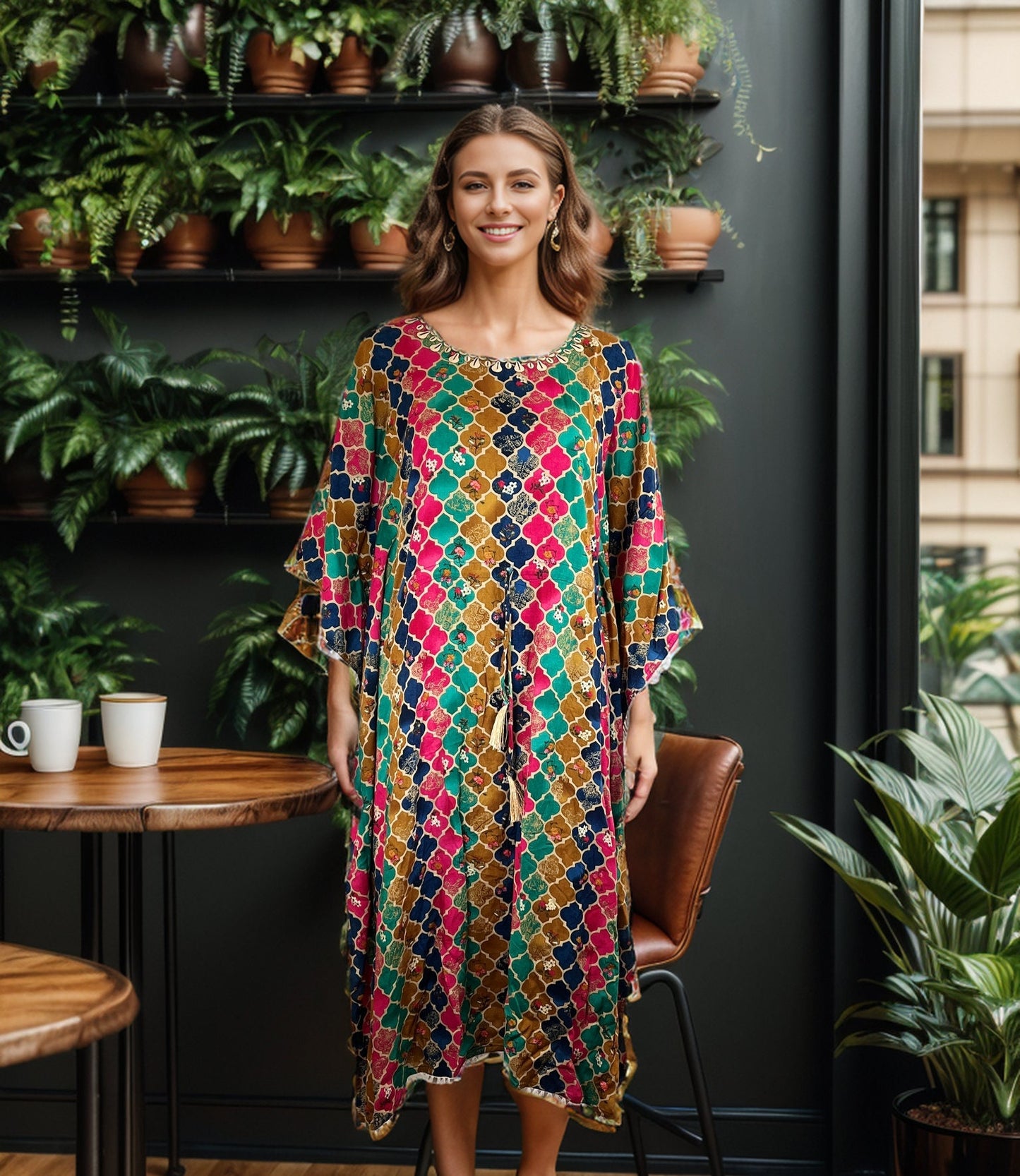 Multicolour printed Kaftan dress with Lace detailing