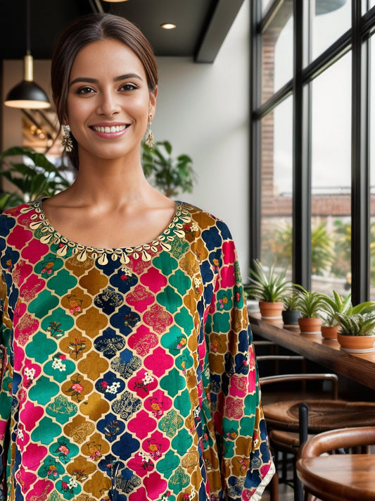 Multicolour printed Kaftan dress with Lace detailing