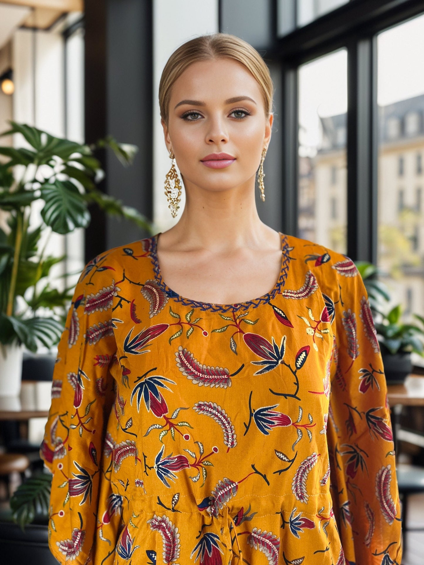 Mustard Yellow Kaftan dress with Tassels