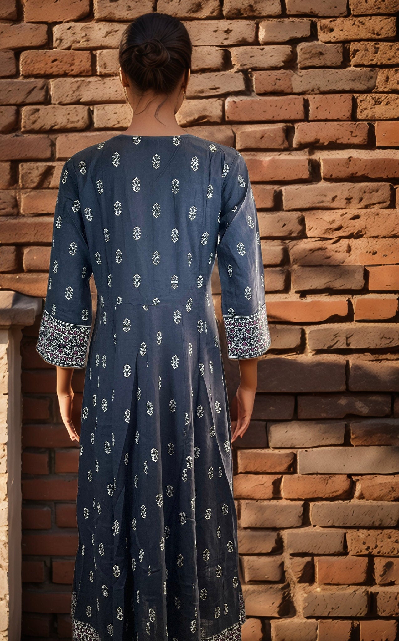 Cotton Floral Embroidered Bell Sleeves Maxi Dress