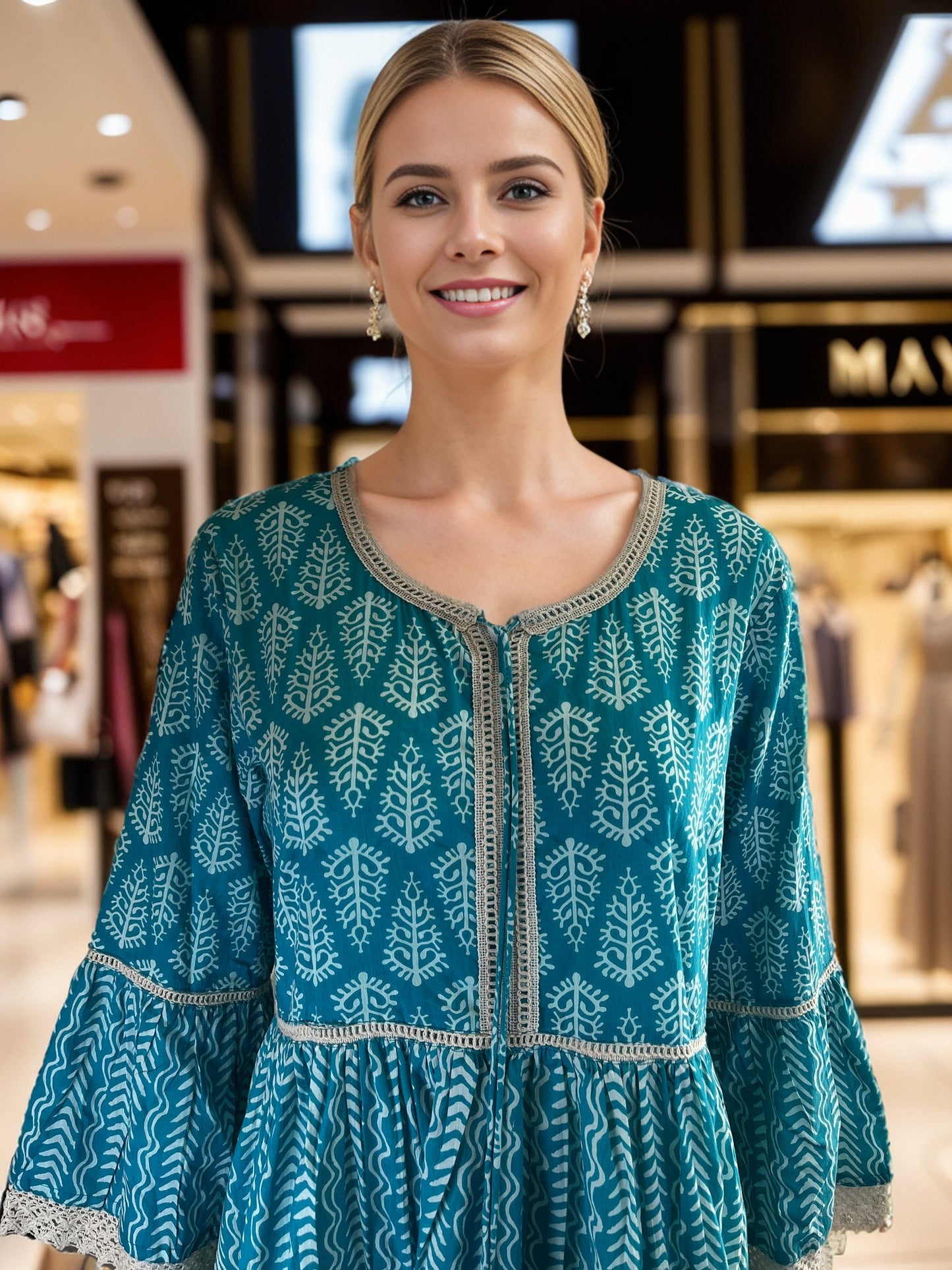 Blue Batik printed Tunic with Bell sleeves and Lace detail