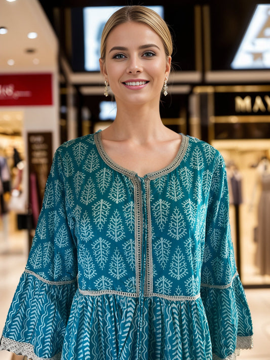 Blue Batik printed Tunic with Bell sleeves and Lace detail