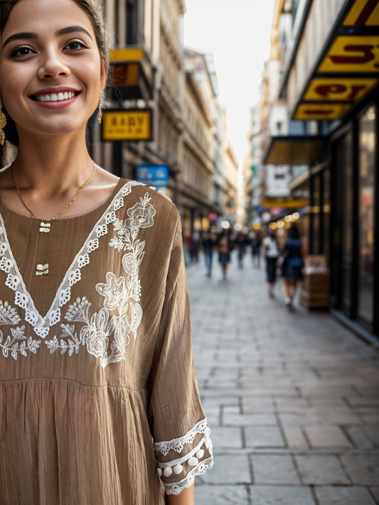 Brown Tunic with White Embroidery and Lace