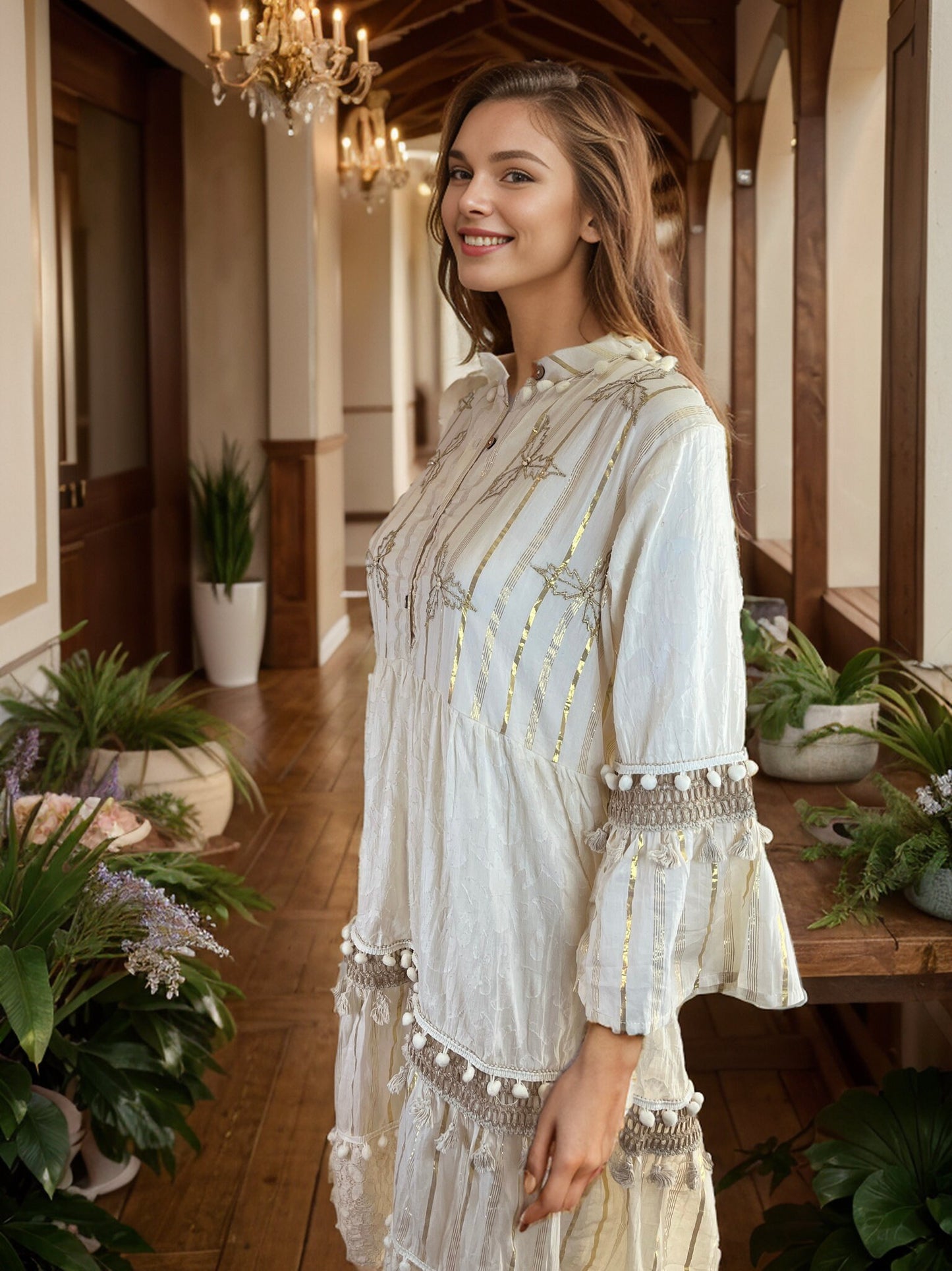 Ivory colored Tunic with Bell Sleeves and Lace detailing