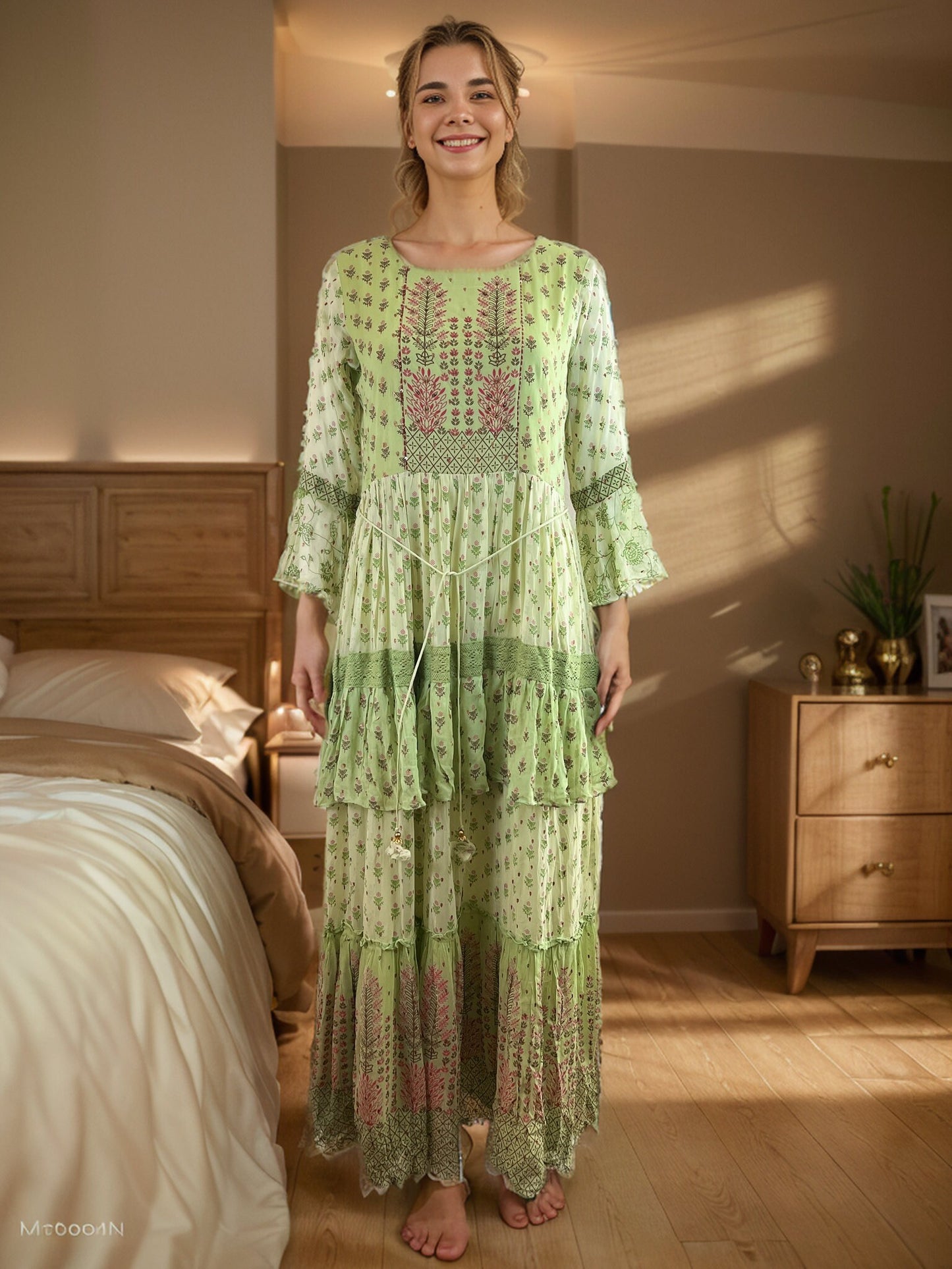 Floral Printed Layered Georgette Maxi Dress with Bell Sleeves