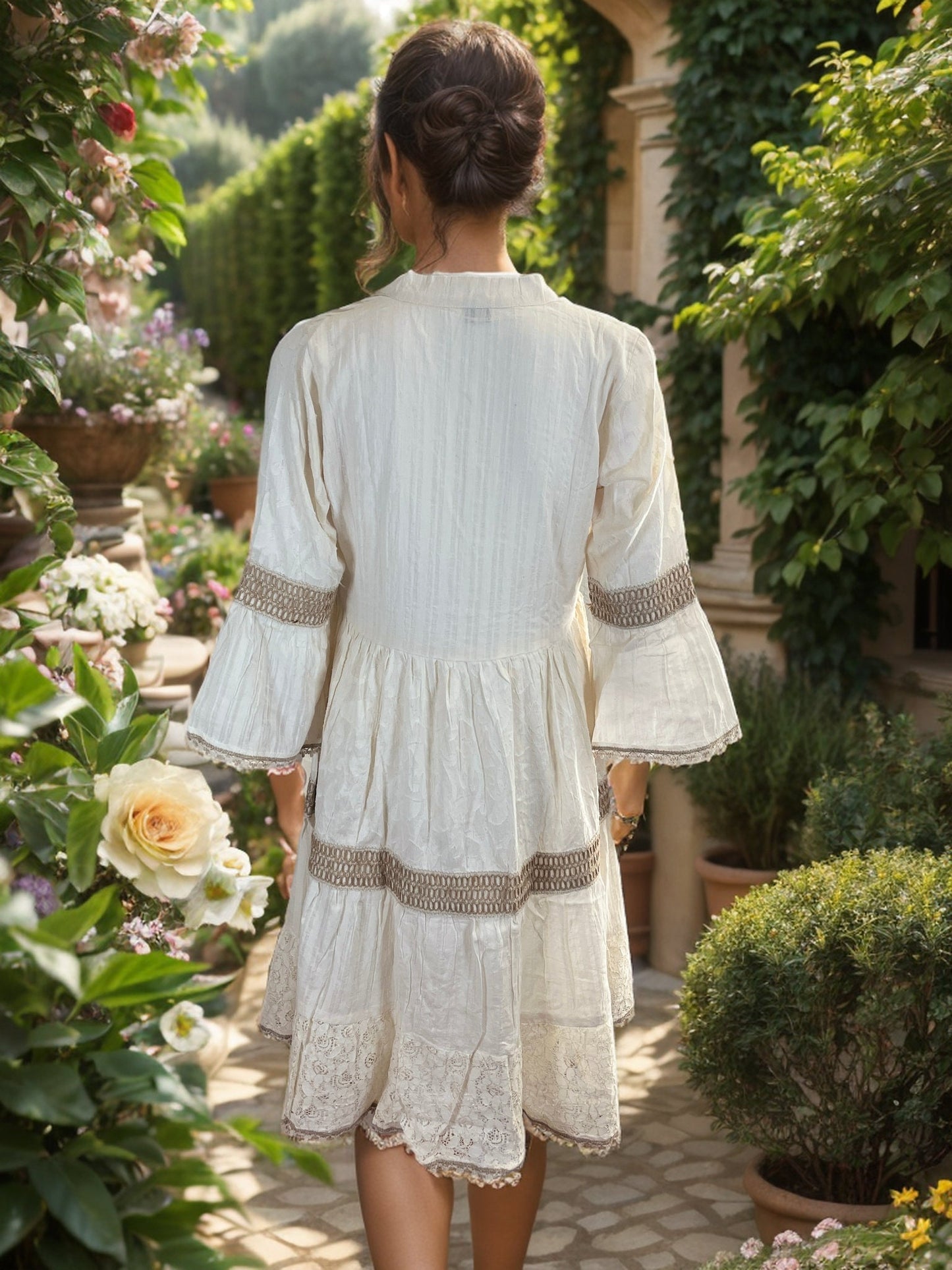 Cotton Bell Sleeves A-Line Dress with Floral Embroidery