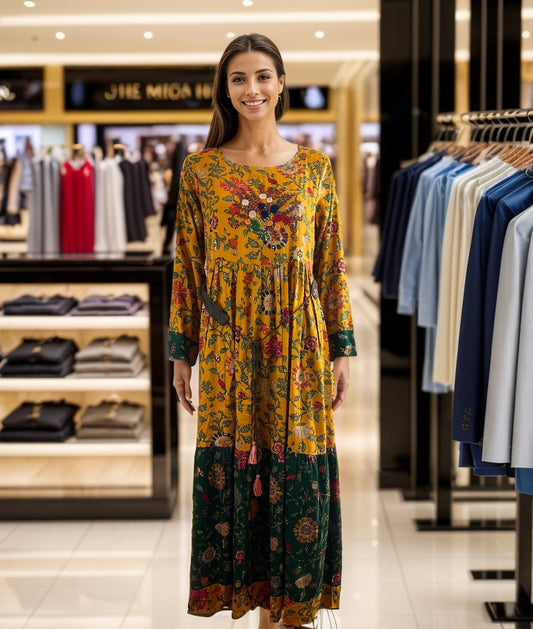 Divine Embroidered Yellow and Green Floral print Rayon Maxi