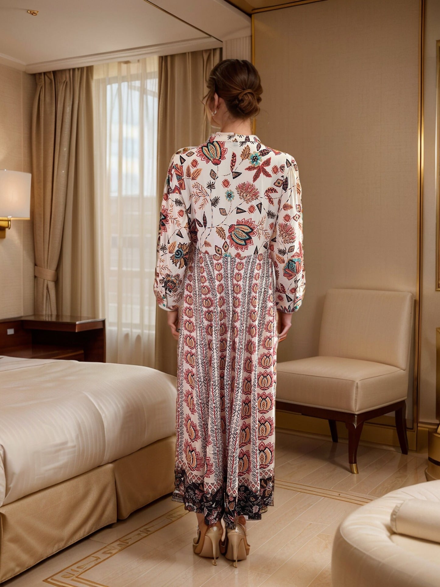 Dazzling Ivroy colored Floral Print Maxi with Neck Embroidery