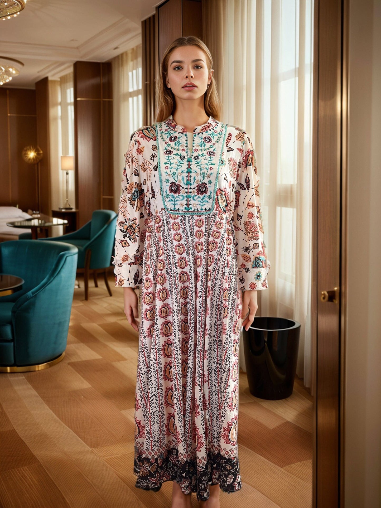 Dazzling Ivroy colored Floral Print Maxi with Neck Embroidery