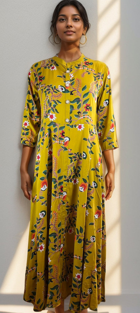 Charming Floral Printed Rayon A-Line Maxi Dress