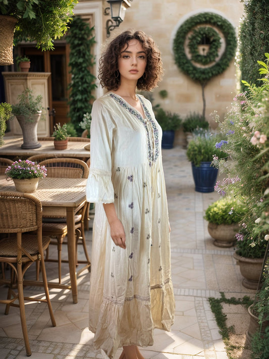 Beautiful Off white embroidered Maxi Dress with Bell Sleeves