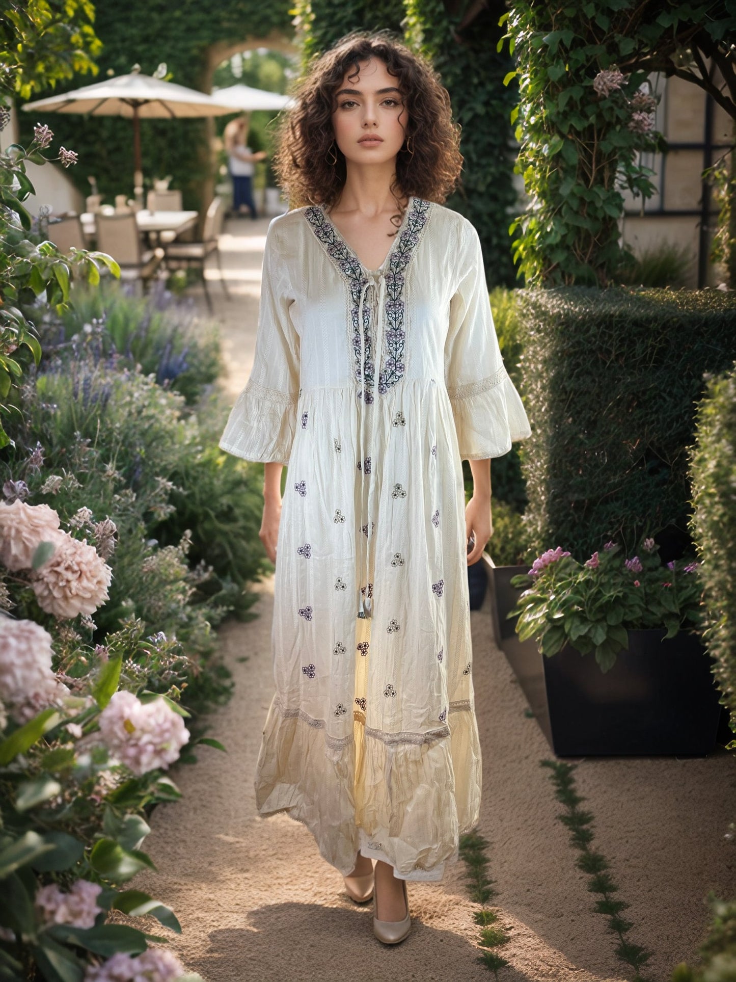 Beautiful Off white embroidered Maxi Dress with Bell Sleeves