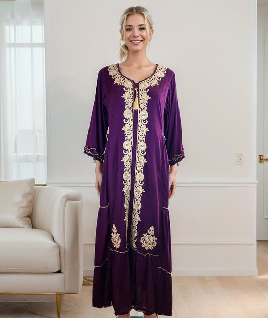 Exquisite Purple Layered and Embroidered  Rayon Maxi