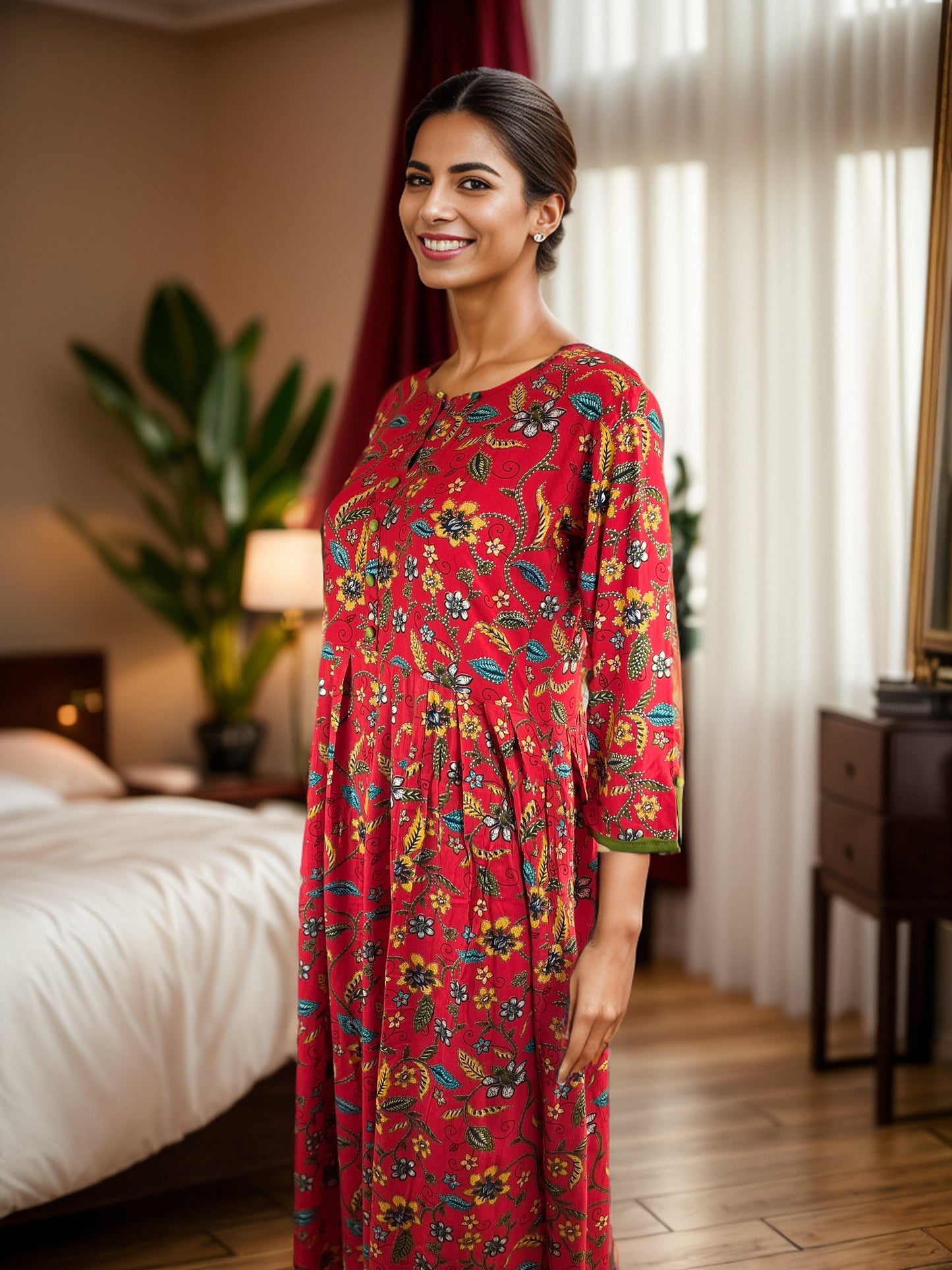 Red Floral printed Rayon Maxi